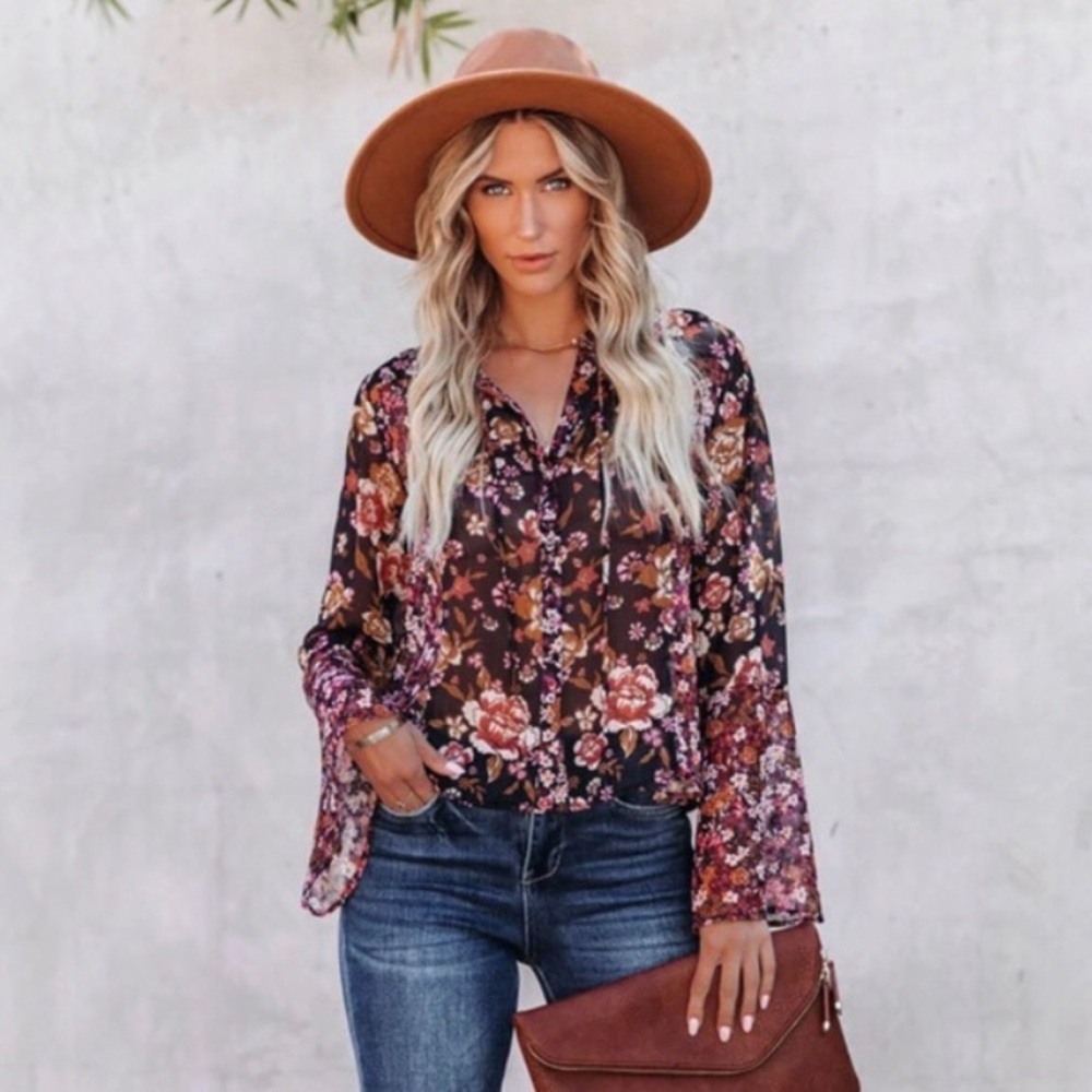 Koko + Mason Sheer‎ Floral Blouse Size S Pink Black Bell Sleeve 70s Hippie Boho